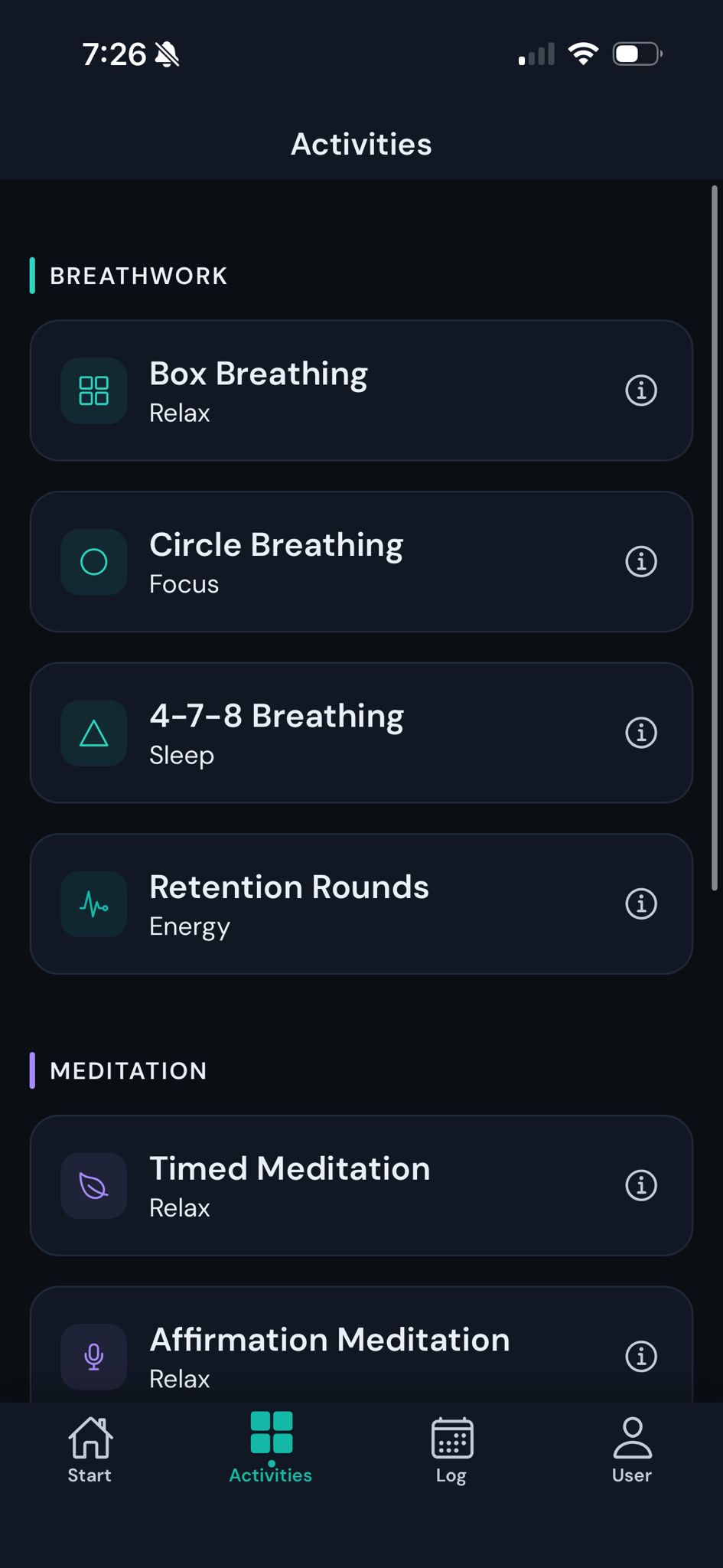 Arcticalm activities screen showing breathwork and meditation options